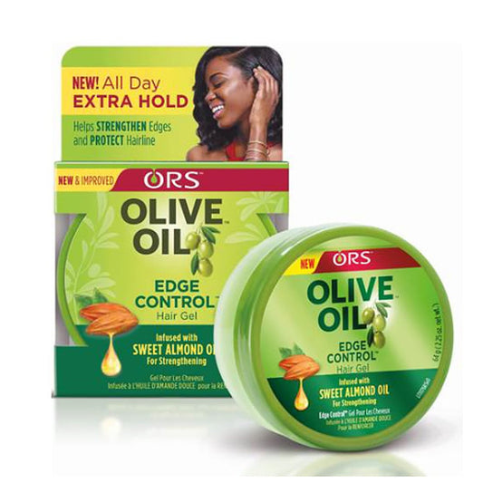 ORS Organic Root Stimulator Olive Oil Edge Control Hair Gel 2.25 oz in a clear jar with black lid, showcasing the product label and texture.