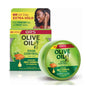 ORS Organic Root Stimulator Olive Oil Edge Control Hair Gel 2.25 oz in a clear jar with black lid, showcasing the product label and texture.