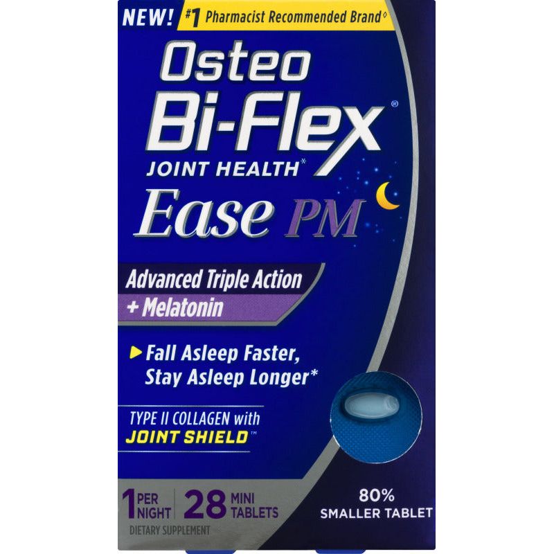 Osteo Bi-Flex Joint Health Ease PM mini tablets in bottle, dietary supplement for joint support and relaxation, health and beauty product