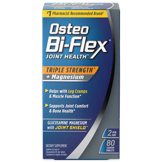 Osteo Bi-Flex Joint Health supplement by Pasteur Pharmacy, triple strength with magnesium, 80 coated tablets for joint support.