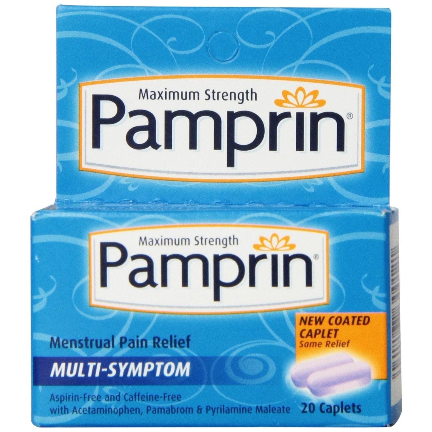 Pamprin Maximum Strength multi-symptom menstrual pain relief caplets, health and beauty product for menstrual discomfort.
