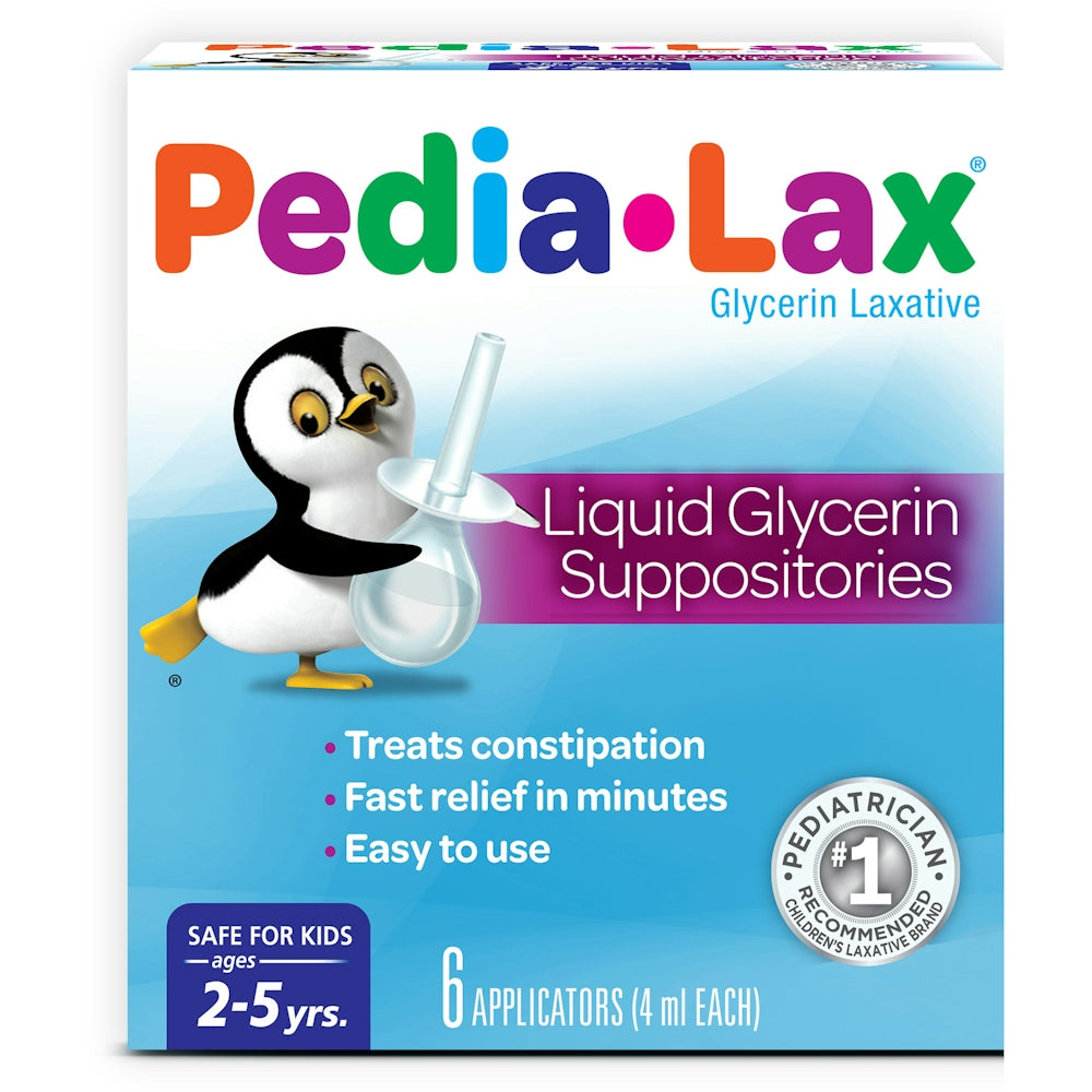 Pedia-lax Laxative Liquid Glycerin Suppositories for Kids ages 2-5, 6 count, in packaging, by Pasteur Pharmacy.