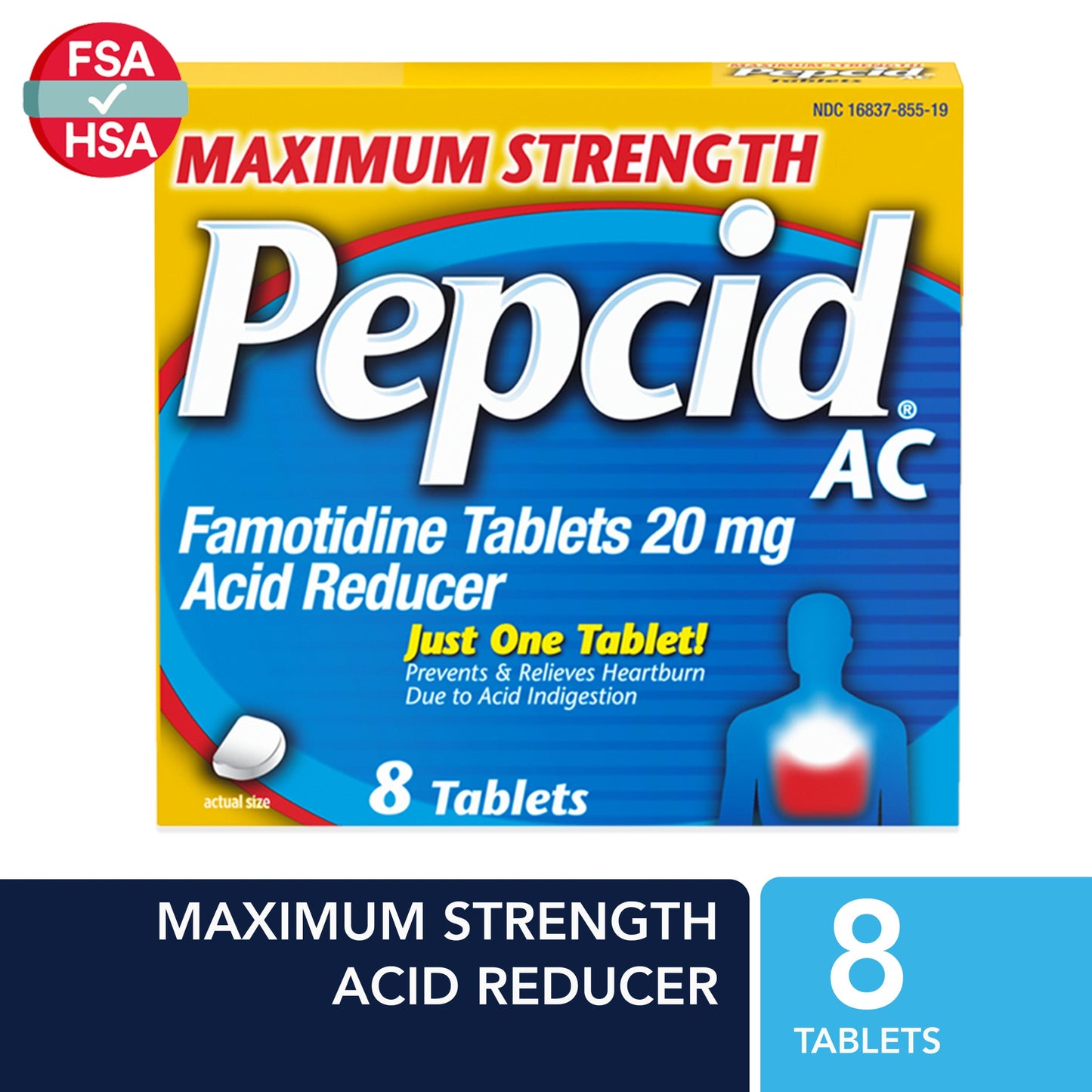 Pepcid AC Maximum Strength Tablets 20 mg in an 8-count package, used for heartburn relief, by Pasteur Pharmacy.