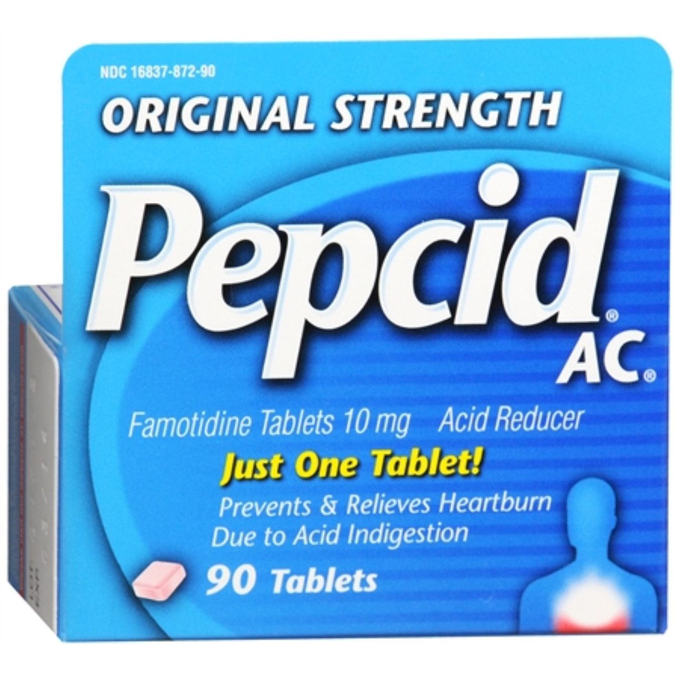Pepcid AC Original Strength tablets for heartburn prevention and relief, shown in blister pack on a white background.