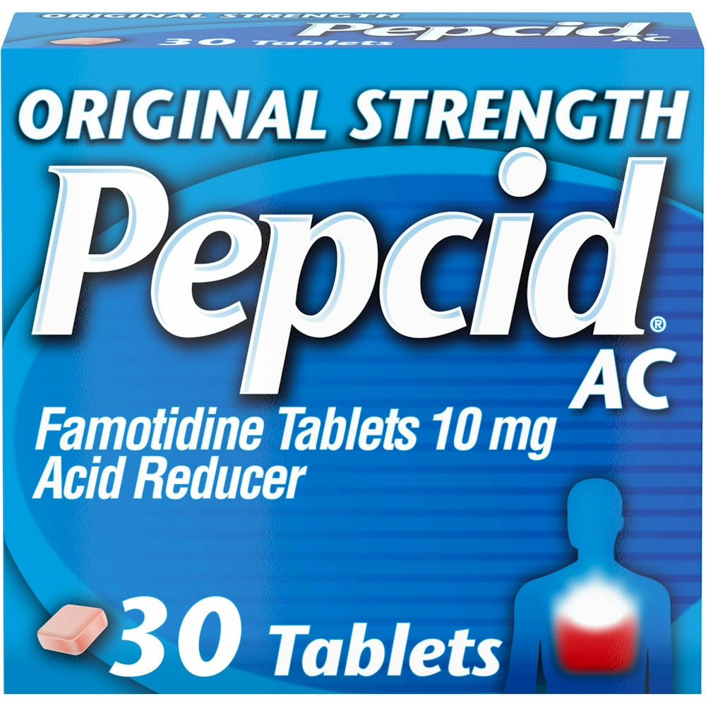 Pepcid AC 10 mg tablets in blister pack, 30-count, for acid indigestion relief, by Pasteur Pharmacy.