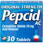 Pepcid AC 10 mg tablets in blister pack, 30-count, for acid indigestion relief, by Pasteur Pharmacy.