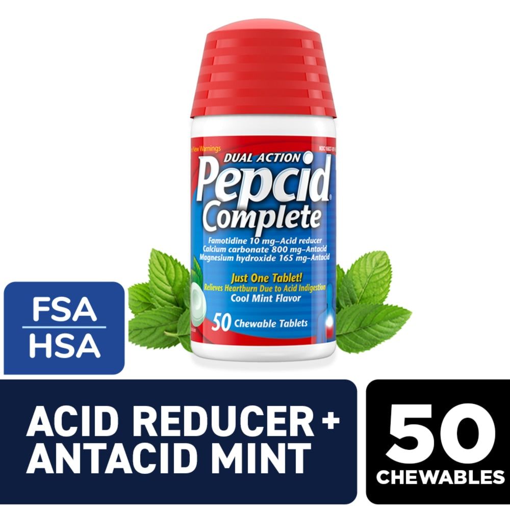 Pepcid Chewable Tablets with cool mint flavor, acid reducer and antacid for quick relief, shown in blister pack.