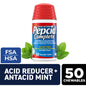 Pepcid Chewable Tablets with cool mint flavor, acid reducer and antacid for quick relief, shown in blister pack.