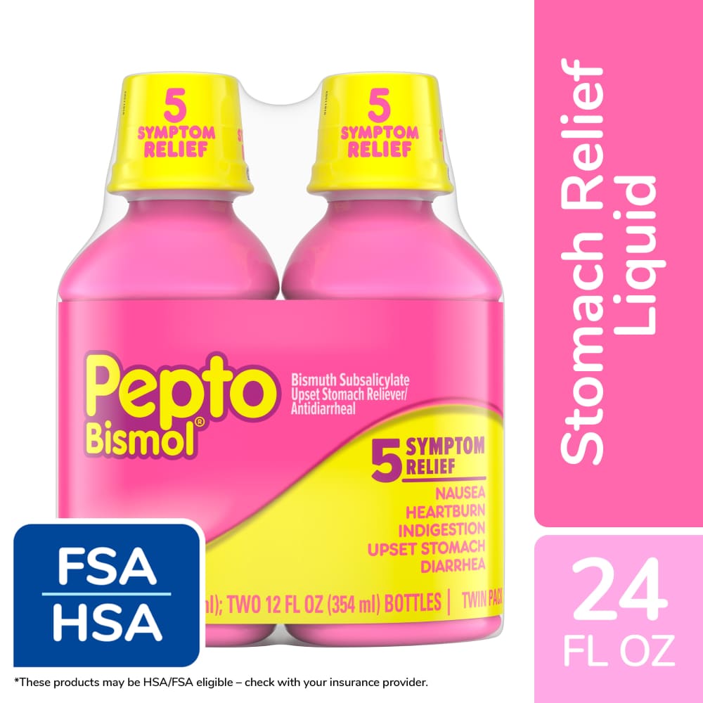Pepto Bismol 5 Symptom Relief Twin Pack with two 12 fl oz bottles, used for upset stomach and digestive comfort.