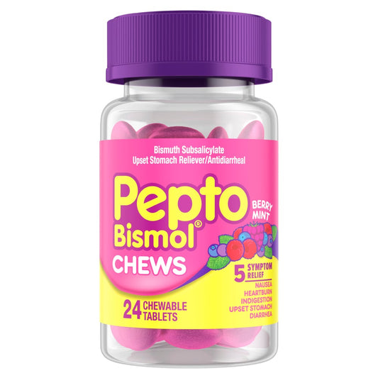 Pepto-Bismol Berry Mint Chewable Tablets in a bottle, health supplement for stomach relief, by Pasteur Pharmacy.