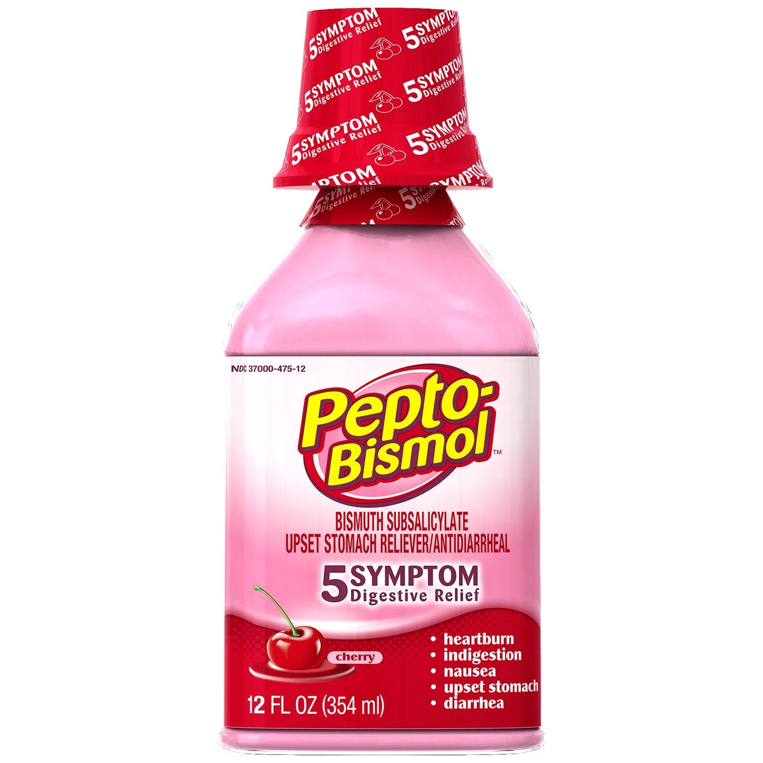 12 oz bottle of Pepto-Bismol Liquid Cherry for stomach relief, with a white and pink label and a screw cap.