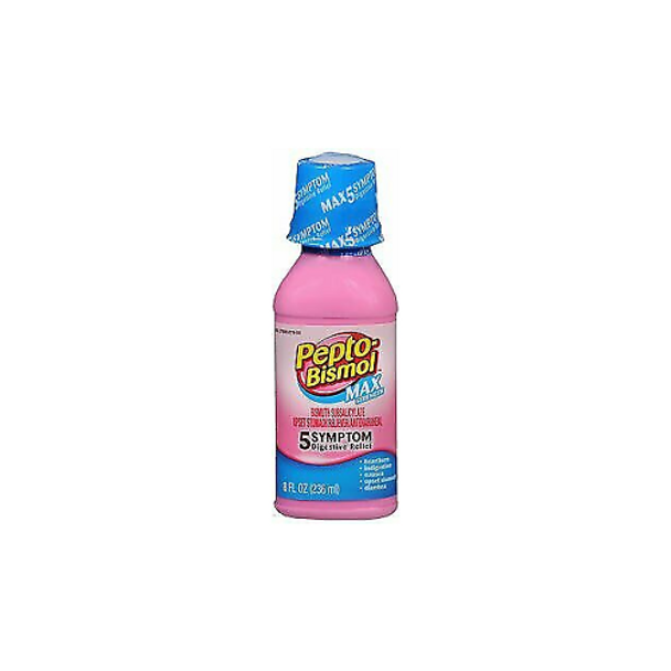 Pepto Bismol Ultra 5 Symptom Fast Relief Liquid bottle, original flavor, 8 fl oz, for indigestion and upset stomach relief.