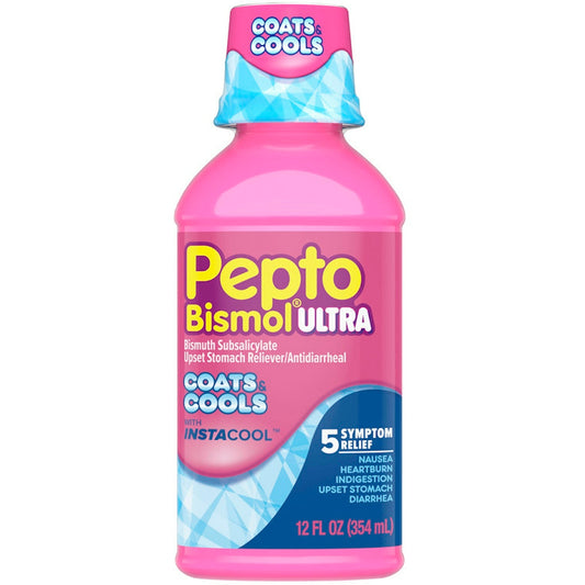 Pepto-Bismol Ultra with Instacool liquid in 12 fl oz bottle, health supplement for upset stomach and indigestion relief.