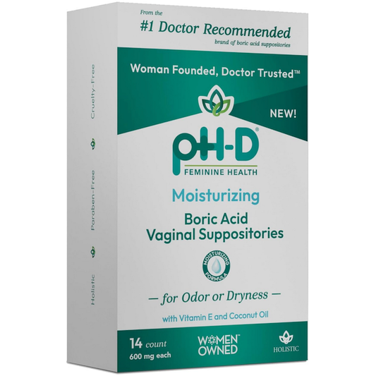 Phd Feminine Health Support Boric Acid moisturizing suppositories in a 14-count box, designed for feminine health and comfort.