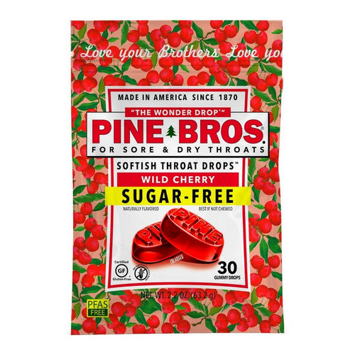 Pine Bros. Softish Throat Drops in Wild Cherry flavor, sugar-free, displayed in a clear package with branding and flavor label.