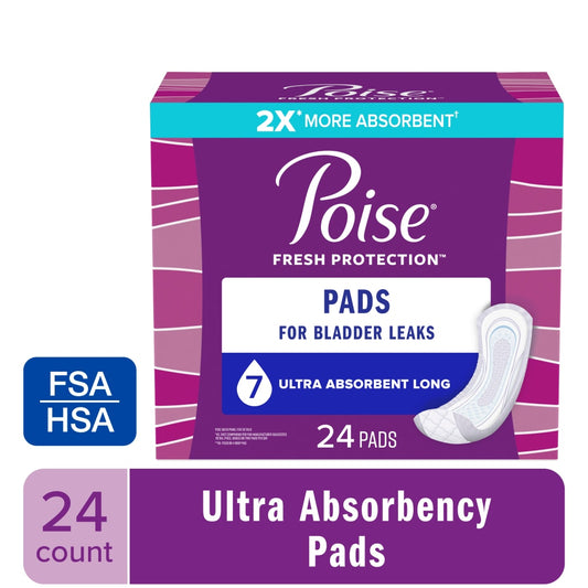 Poise Long Incontinence & Postpartum Pads 7 Drop Ultra, health and beauty product, with soft absorbent layers for extra protection.