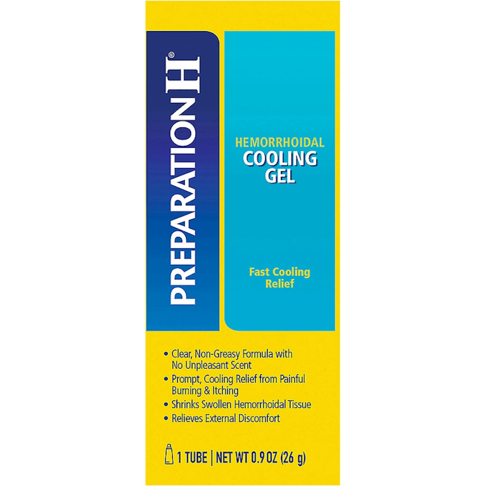 Preparation H Hemorrhoidal Cooling Gel in 0.9 oz tube, soothing relief for hemorrhoids, from Pasteur Pharmacy.