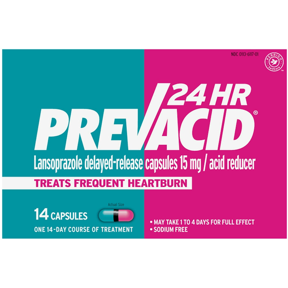 Prevacid 24HR Lansoprazole 15 mg delayed-release capsules for acid reduction, shown in a blister pack.