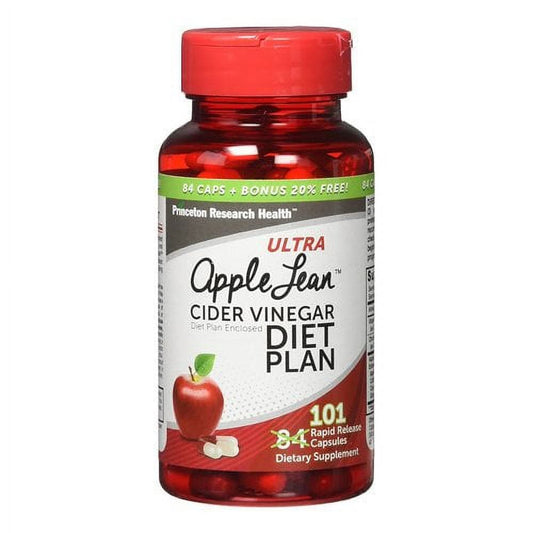 Princeton Research Health Ultra Apple Lean apple cider vinegar diet capsules in a bottle, designed for health and weight management.