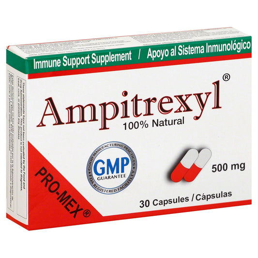 Pro Mex Ampitrexyl 500 mg capsules for immune support, shown in a bottle with capsules in a health and beauty setting.