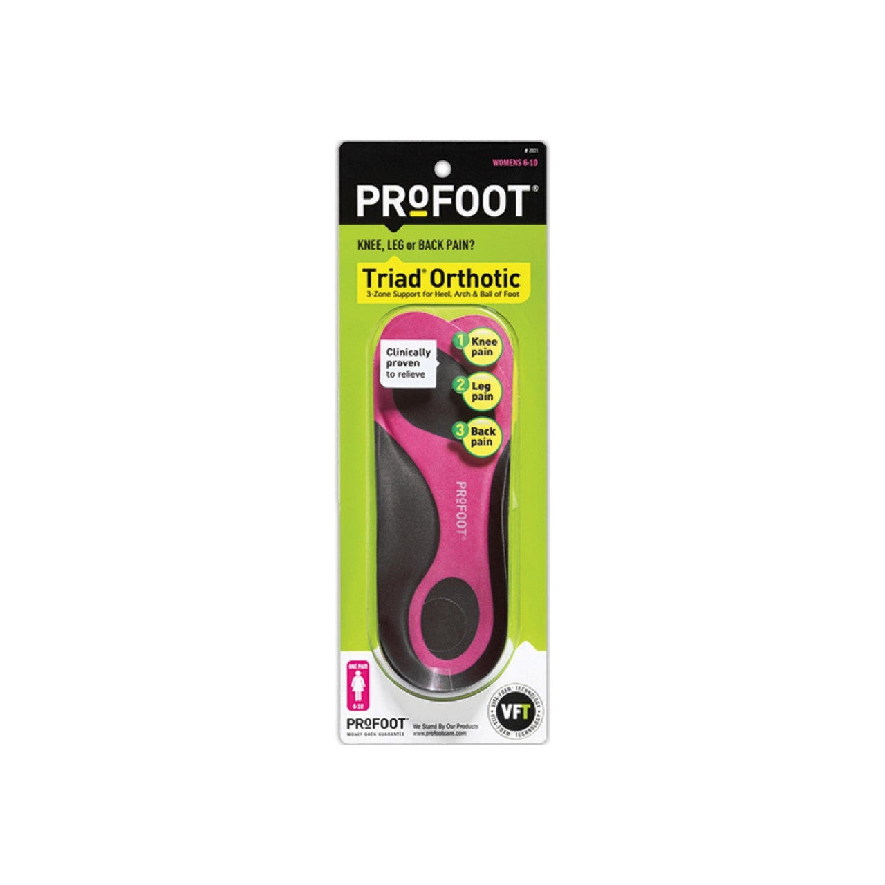 Profoot Triad women's orthotic insoles in size 6-10, designed for comfort and arch support, displayed in a pair.