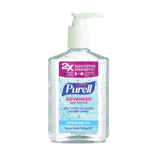 Pasteur Pharmacy Purell Advanced Refreshing Gel Hand Sanitizer in an 8 oz pump bottle with clean scent on a white background.