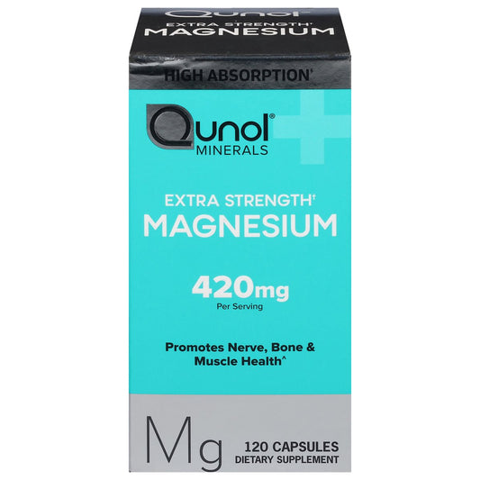 Qunol Magnesium Extra Strength 420 mg capsules, dietary supplement for health and wellness, in a bottle.