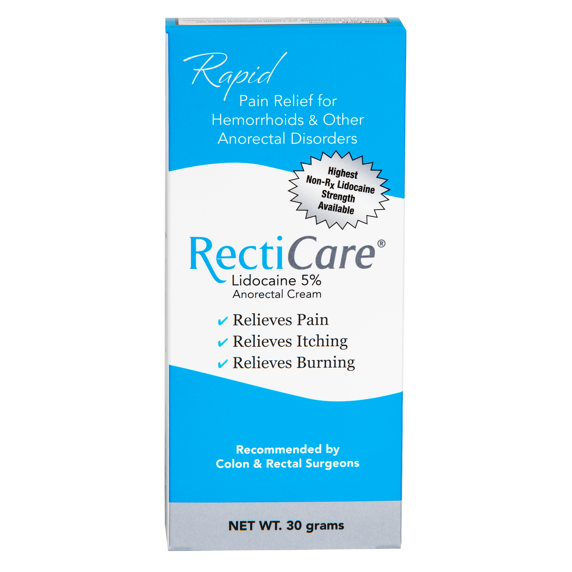 RectiCare Lidocaine 5% anorectal cream in 30g tube for maximum strength relief, shown in its packaging.
