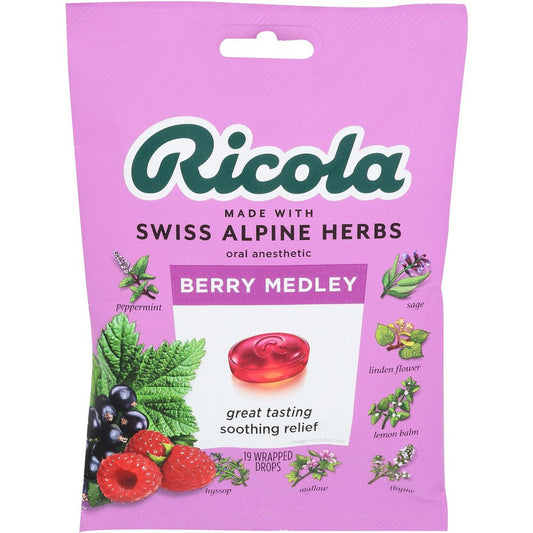 Ricola Drops Berry Medley oral anesthetic lozenges in a clear package, highlighting natural berry flavors for soothing relief.