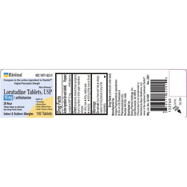Rising Pharma Allergy Relief Tablets with 10mg Loratadine, showing the box and tablets on a white background.