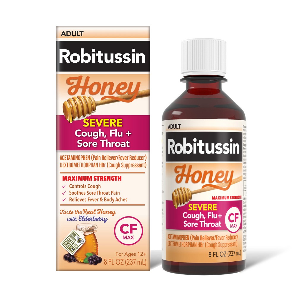Robitussin Adult Severe Cough Flu and Sore Throat CF Max Liquid Honey in an 8 oz bottle, used for cough and sore throat relief.