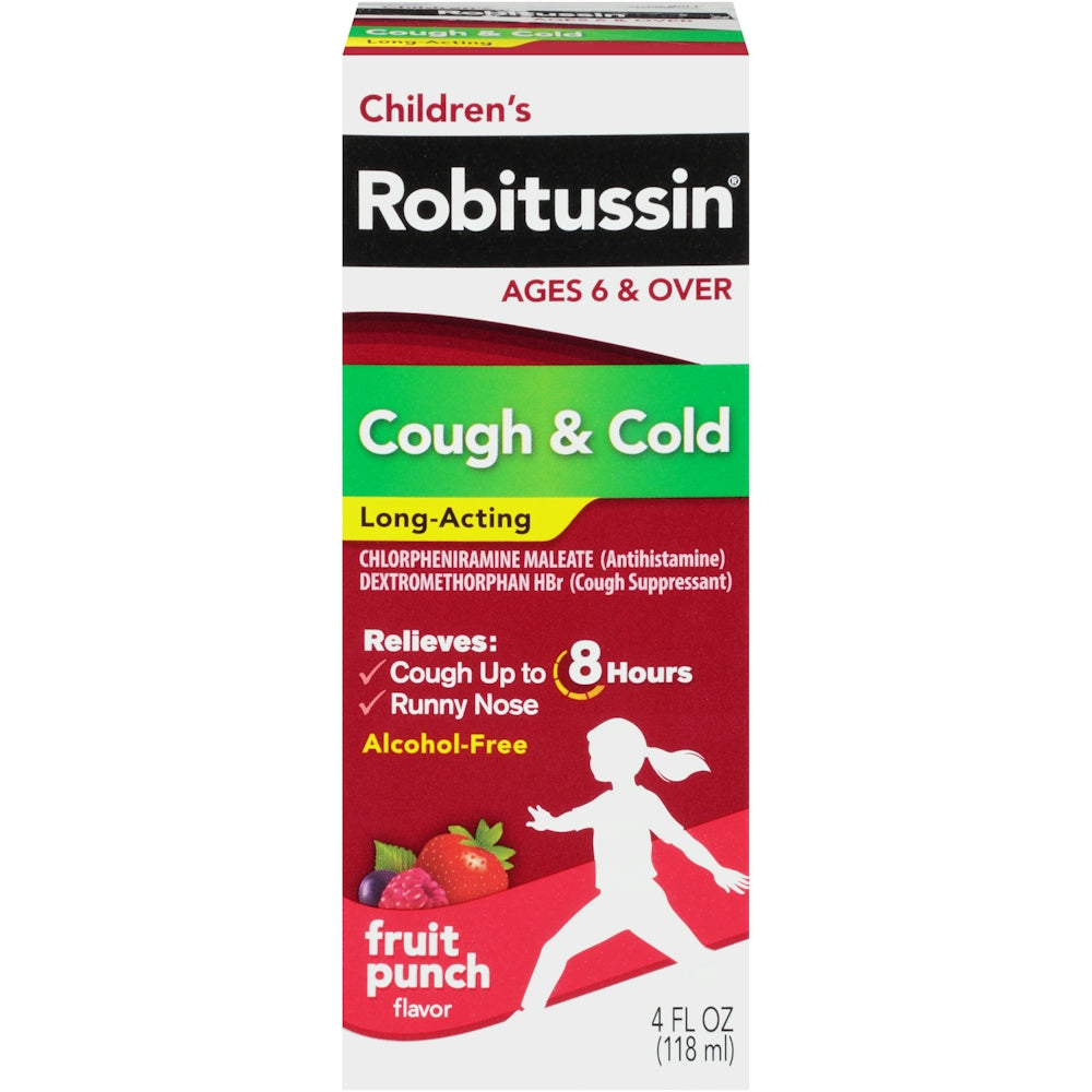 Robitussin Children's Long Acting Cough and Cold Medicine in 4 oz Fruit Punch flavor, packaged in a clear plastic bottle.