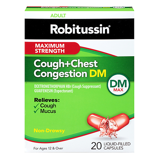 Robitussin Maximum Strength Cough and Chest Congestion DM liquid-filled capsules on a white background.