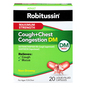 Robitussin Maximum Strength Cough and Chest Congestion DM liquid-filled capsules on a white background.