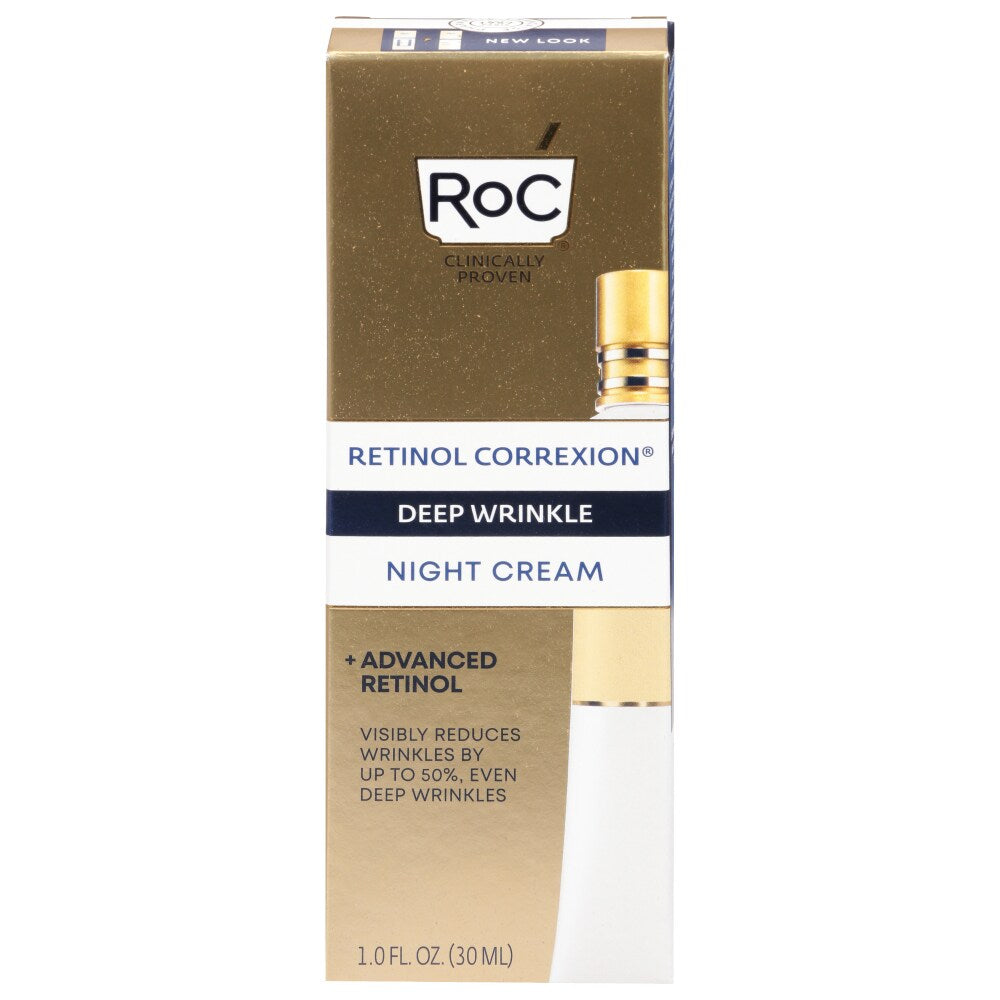 RoC Retinol Correxion Deep Wrinkle Night Cream in a 1 oz jar, designed to reduce wrinkles and improve skin texture.