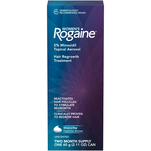 Rogaine Women’s Hair Loss and Thinning Treatment Minoxidil Foam, once-a-day, two-month supply, in a white foam container with label