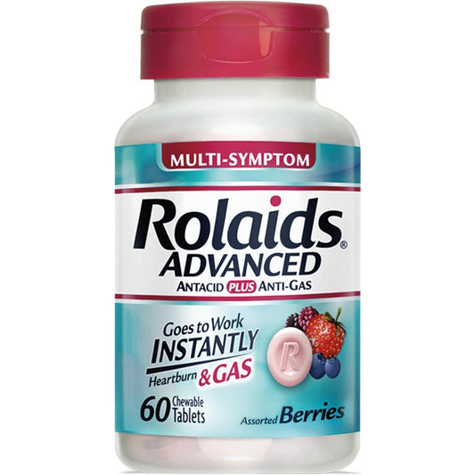 Rolaids Heartburn + Gas Berry Flavor chewable tablets in a bottle, used for relief of heartburn and gas, 60 count.