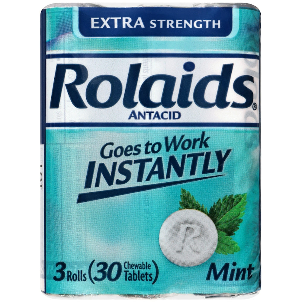 Rolaids Extra Strength Mint Tablets antacid pack with 3-10 tablets, in roll packaging, for heartburn relief, by Pasteur Pharmacy