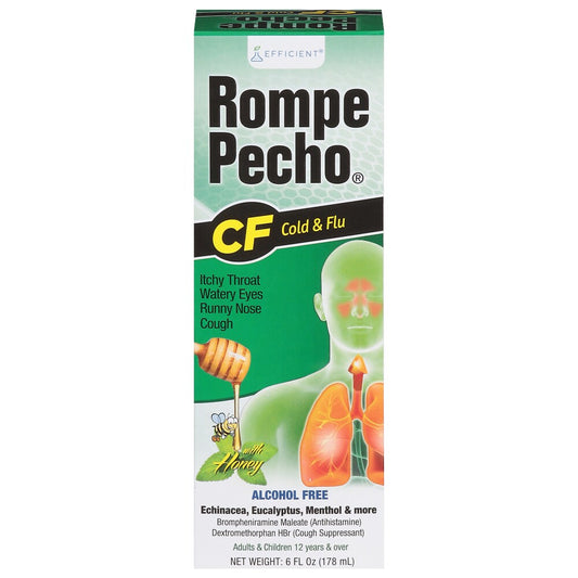 Pasteur Pharmacy Rompe Pecho Cold & Flu 6 fl oz bottle, herbal remedy for cold and flu symptoms, in a clear plastic bottle.