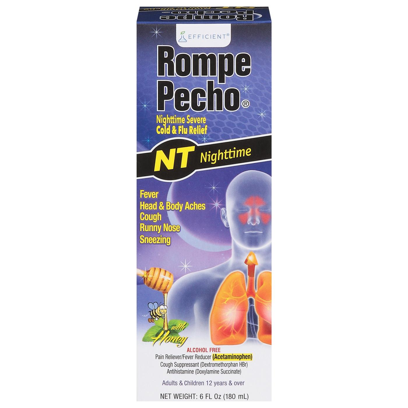 Pasteur Pharmacy Rompe Pecho Nighttime Cold & Flu Relief in honey, showing the packaging with product label and branding.