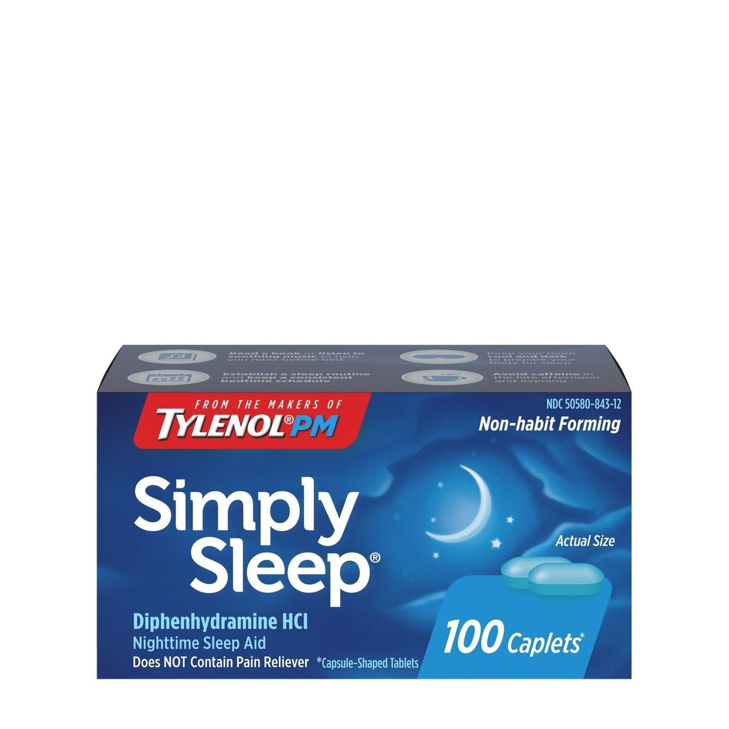 Box of Simply Sleep Nighttime Aid Caplets by Pasteur Pharmacy, containing 100 Diphenhydramine HCI sleep aid caplets.