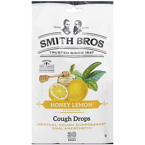 Smith Brothers Honey Lemon flavored cough drops in a clear package, designed for soothing throat relief.