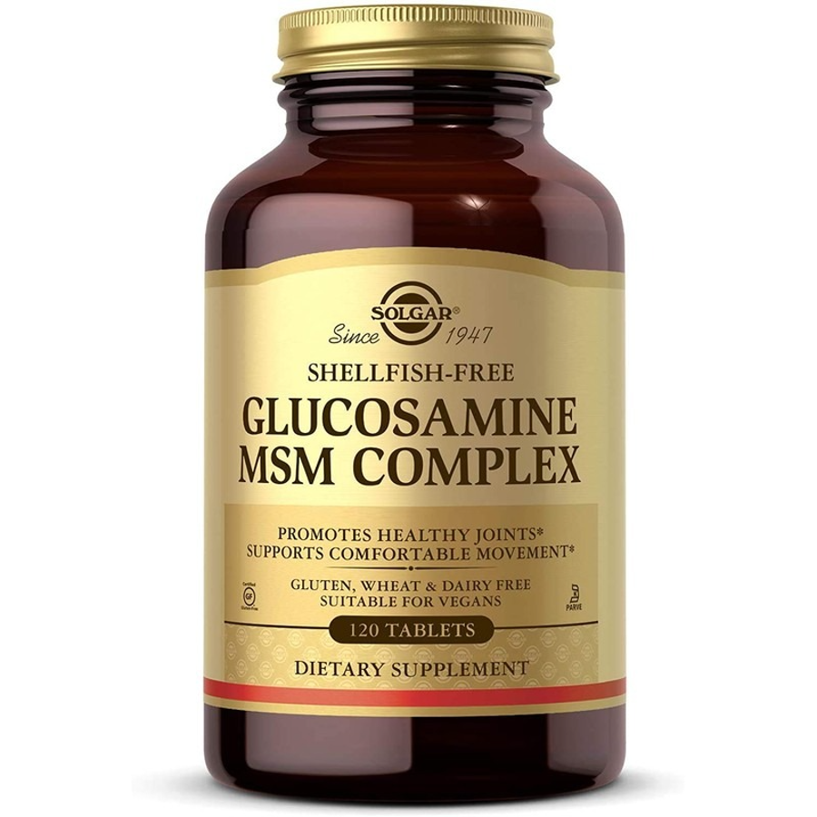 Solgar Glucosamine MSM Complex supplement in bottle with 120 tablets for joint health and overall wellness.
