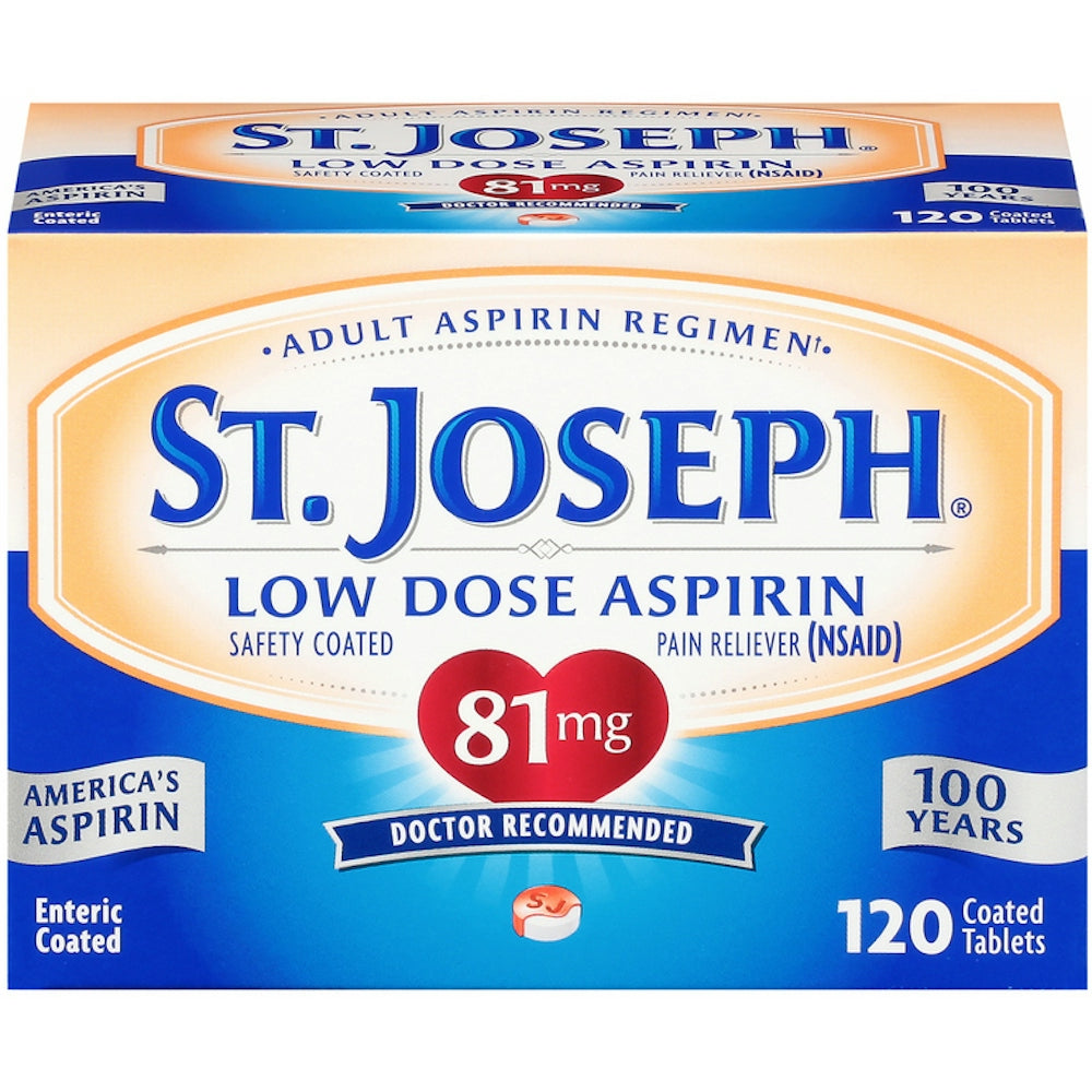 St. Joseph Low Dose Aspirin Tablets in a bottle, 120 count, for cardiovascular health, by Pasteur Pharmacy.