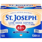 St. Joseph Low Dose Aspirin Tablets in a bottle, 120 count, for cardiovascular health, by Pasteur Pharmacy.