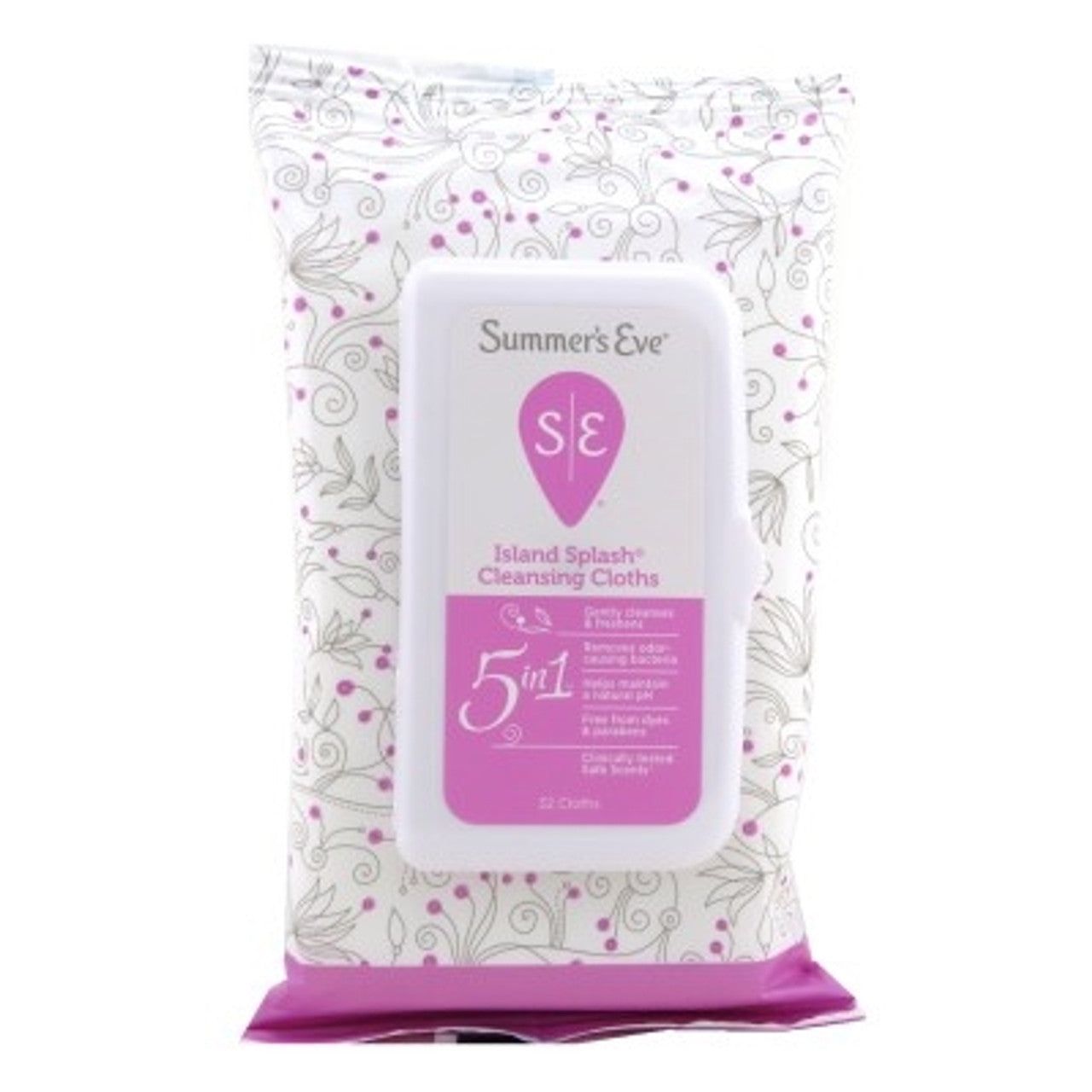 Summer's Eve 5-in-1 cleansing cloths for sensitive skin, island splash scent, in a package with multiple cloths visible.