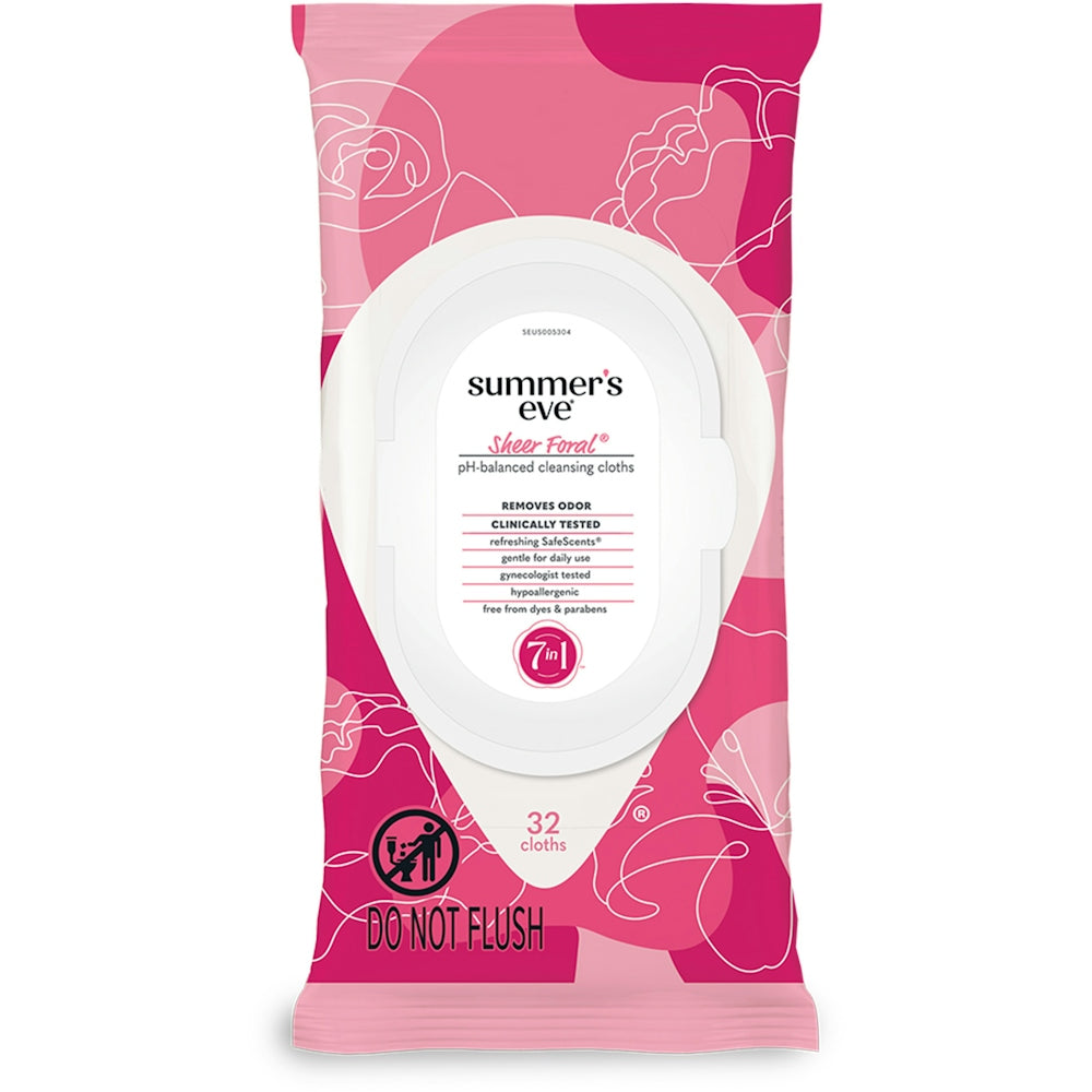 Summer's Eve feminine cleansing cloths for sensitive skin with sheer floral scent, shown in a pack with floral design.