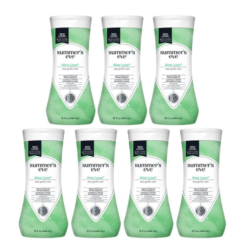 Summer's Eve Feminine Cleansing Wash Aloe Love in a 15 Fl Oz bottle, gentle feminine hygiene product by Pasteur Pharmacy.