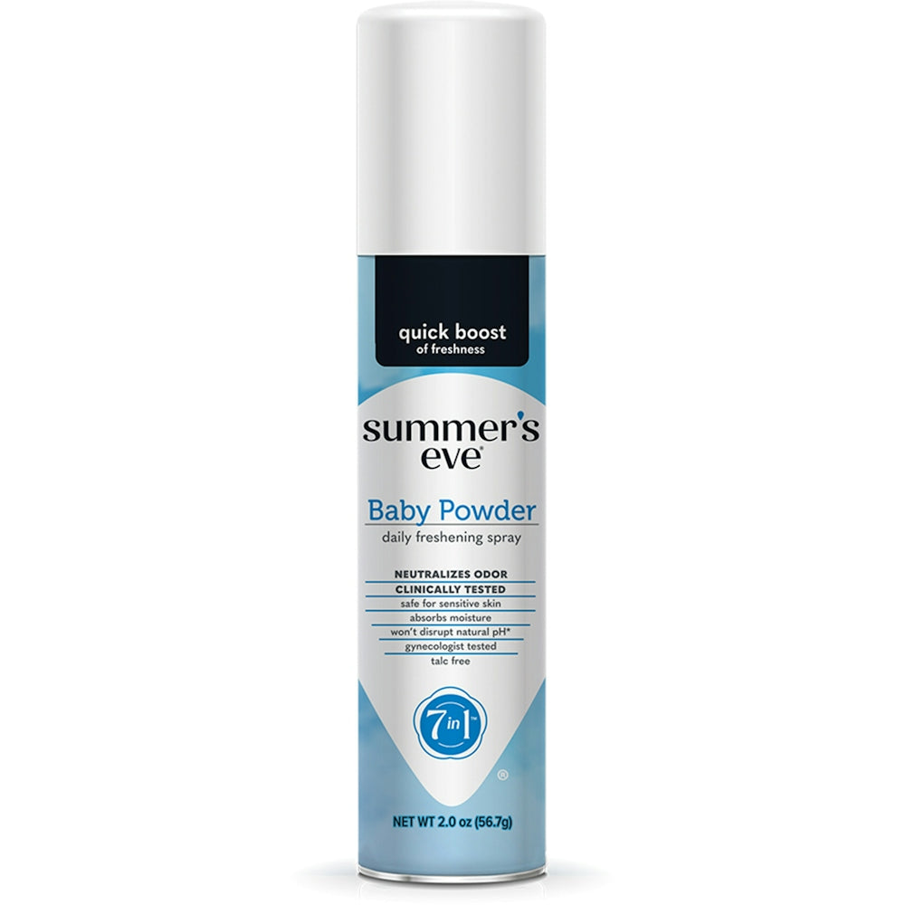 Summer's Eve Feminine Deodorant Spray in Baby Powder scent, 2 oz, with a spray bottle and feminine branding.