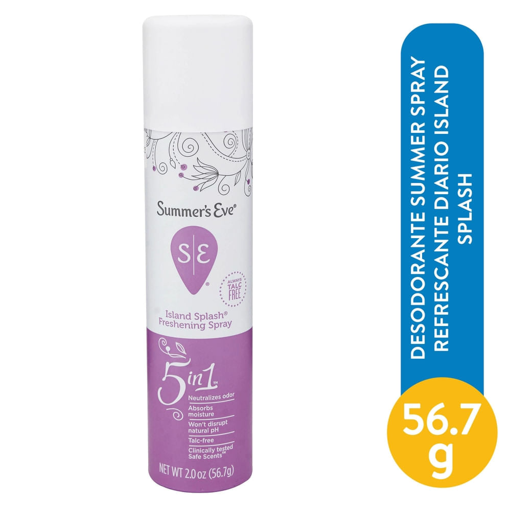 Summer's Eve Feminine Deodorant Spray in Island Splash, spray bottle with floral and tropical design, for fresh feminine scent